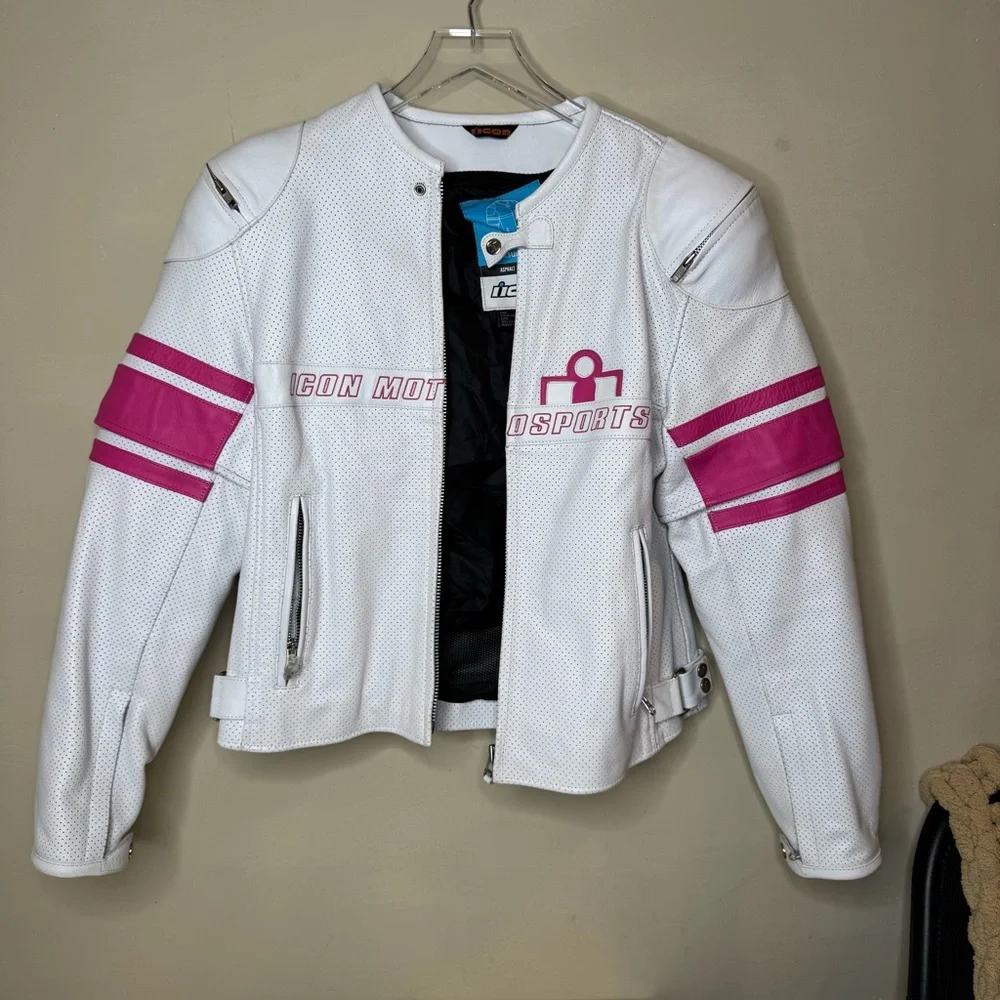 Icon Pursuit Jacket Kitty White & Pink Moto Sports Leather Jacket size XL NWOT - Picture 3 of 16